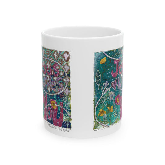 Religious Ceramic Mug, Jesus Love You, Boho Floral Design, Whimsical and Uplifting, 11oz, 15oz, Gift for Christian, Inspirational Tea Cup,