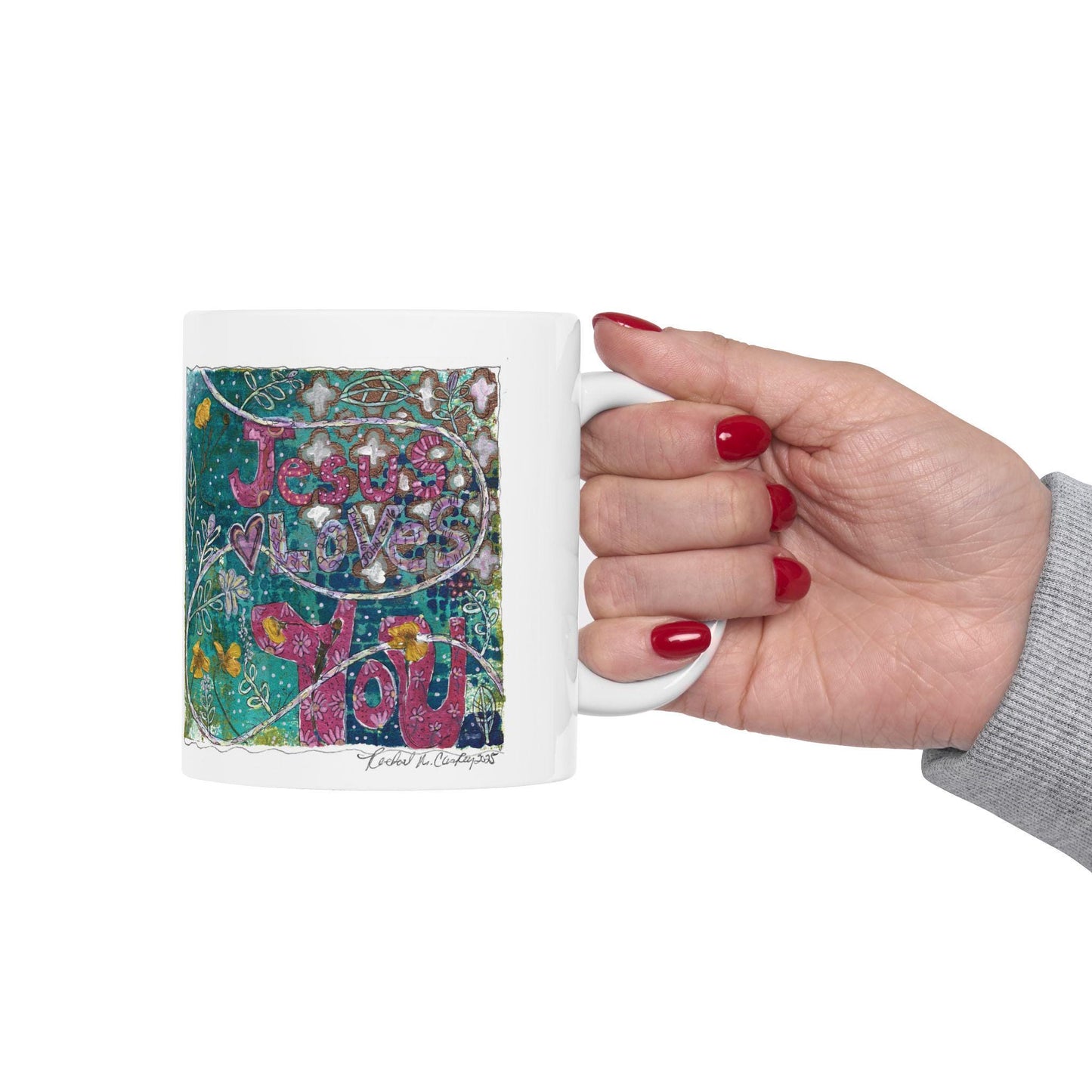 Religious Ceramic Mug, Jesus Love You, Boho Floral Design, Whimsical and Uplifting, 11oz, 15oz, Gift for Christian, Inspirational Tea Cup,