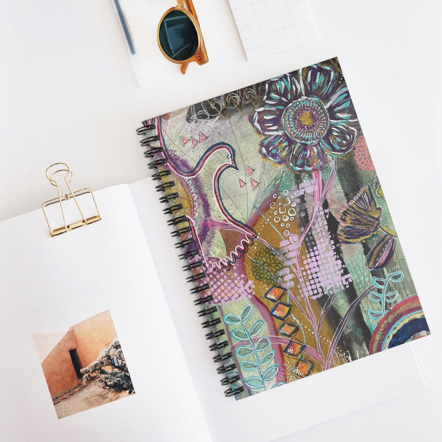 Boho Spiral Notebook - Nature-Inspired Journal by Artist Rachael Caskey, Ruled Line, Uplifting Design with Rainbows, Birds, and Plants