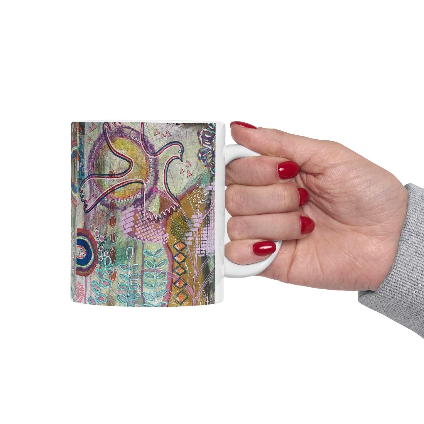 Ceramic Mug, Nature-Inspired Folk Art, Boho Style Coffee Cup, Colorful Art Tea Mug, Artist Rachael Caskey Kitchen Decor, 11oz 15oz Gift Idea