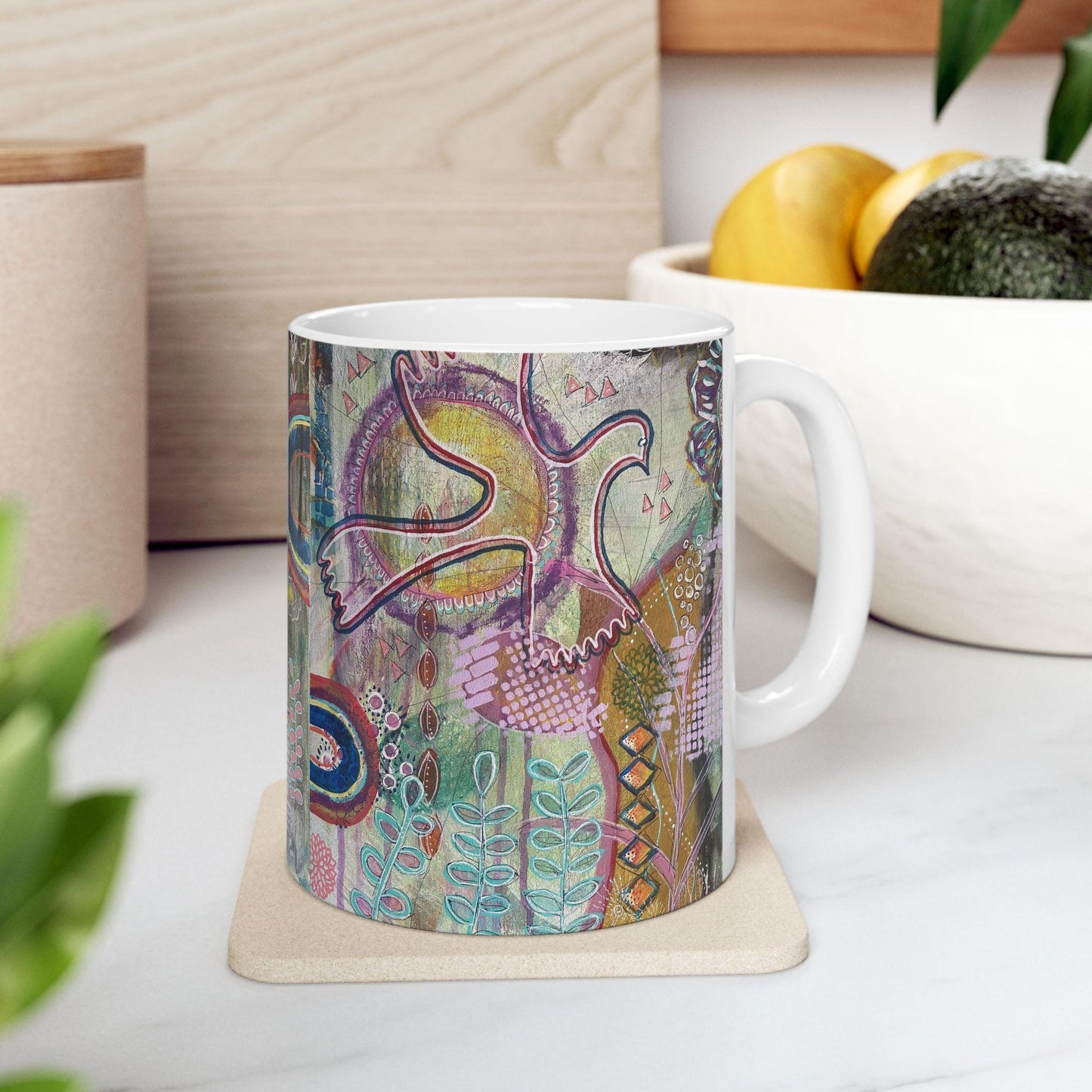 Ceramic Mug, Nature-Inspired Folk Art, Boho Style Coffee Cup, Colorful Art Tea Mug, Artist Rachael Caskey Kitchen Decor, 11oz 15oz Gift Idea
