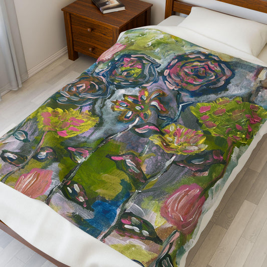 Velveteen Plush Blanket, Whimsical Floral Art Design, Colorful Comfort, Cottagecore Throw, Soft Cozy Blanket, Unique Home Decor