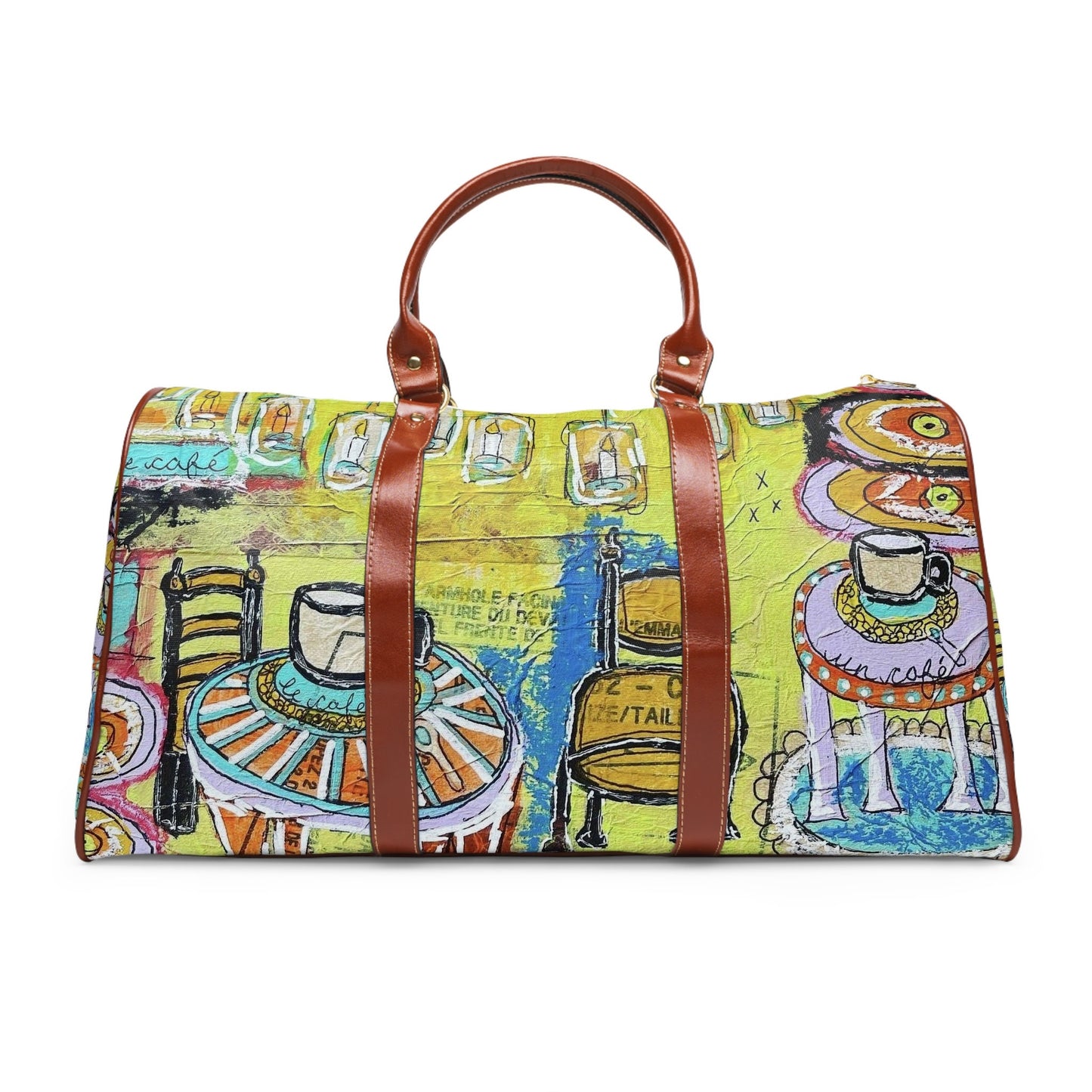 French Cafe Design, France inspired, Coffee House Art - Waterproof Travel Bag