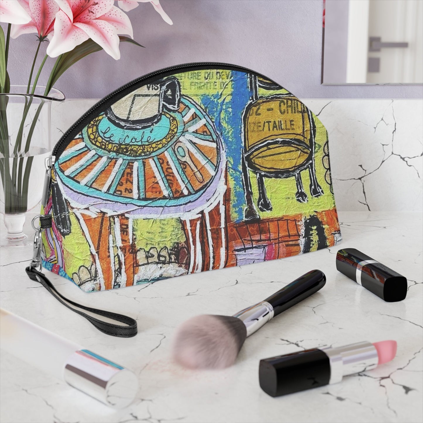 French Cafe Design, France inspired, French Coffee House Art - Makeup Bag