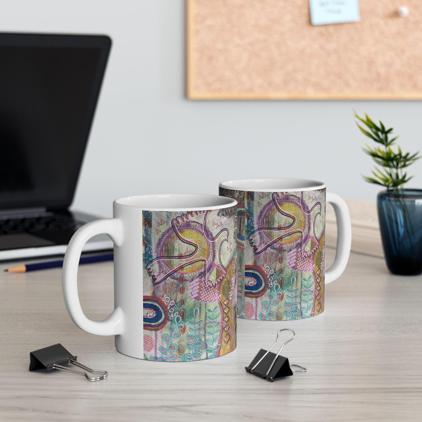 Ceramic Mug, Nature-Inspired Folk Art, Boho Style Coffee Cup, Colorful Art Tea Mug, Artist Rachael Caskey Kitchen Decor, 11oz 15oz Gift Idea