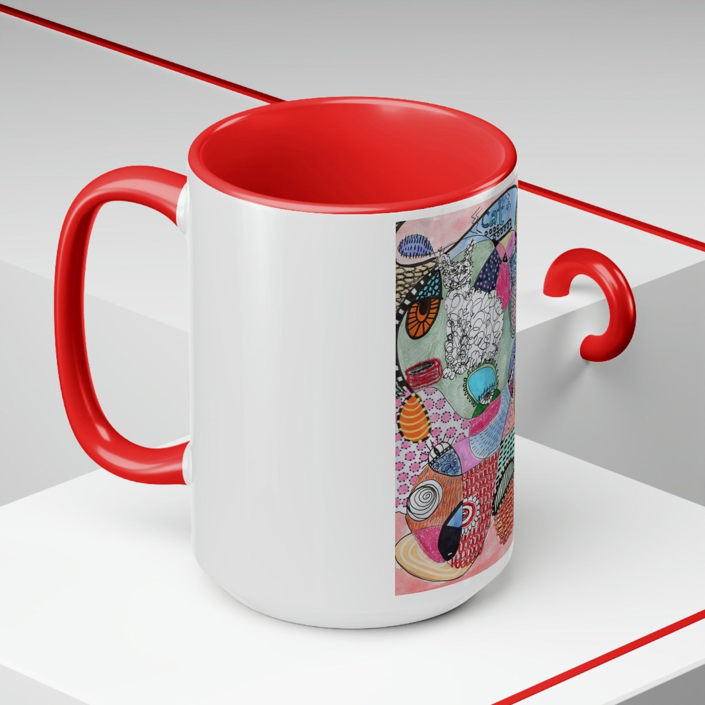 Two-Tone Coffee Mugs, 15oz - Cat - Mixed Media Illustration