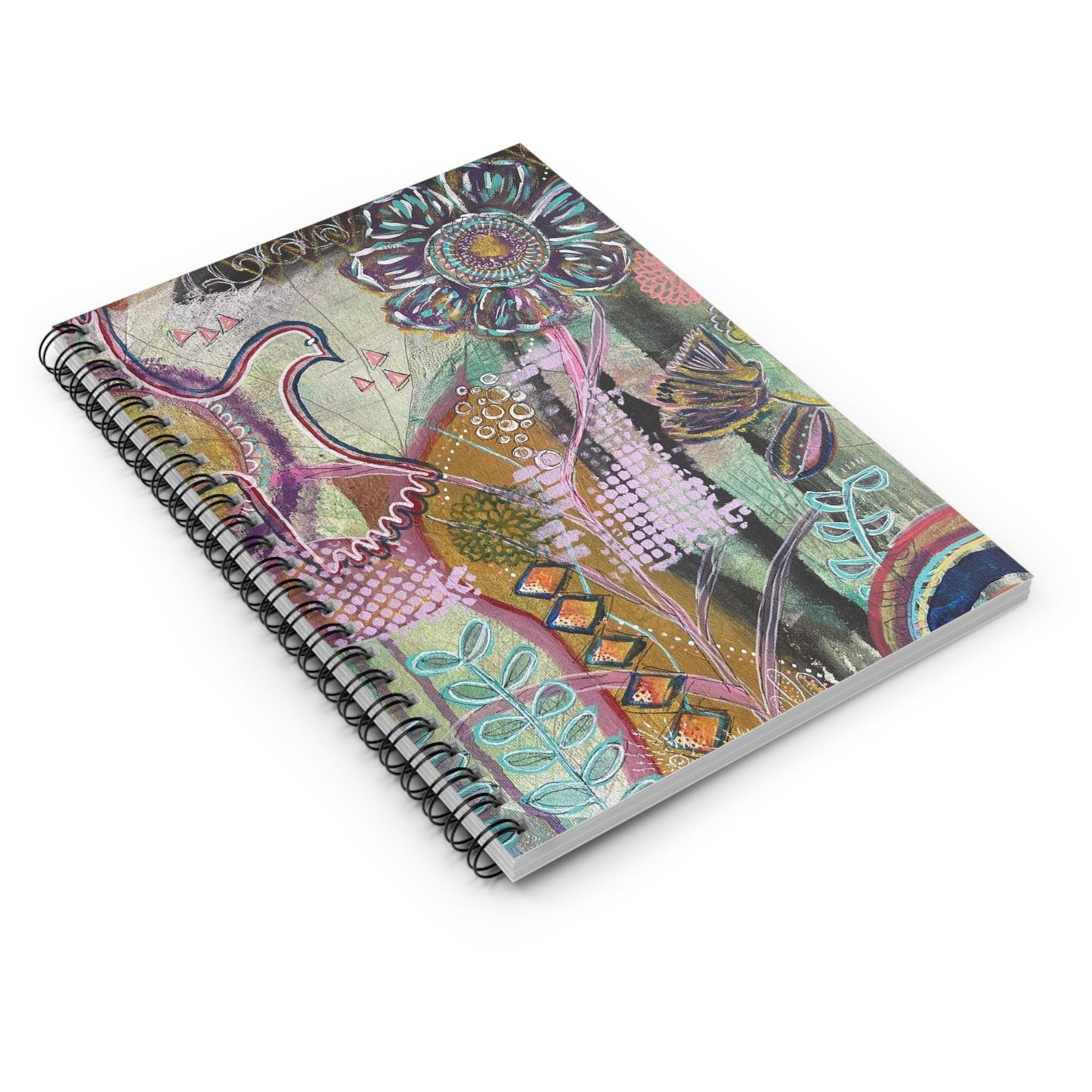 Boho Spiral Notebook - Nature-Inspired Journal by Artist Rachael Caskey, Ruled Line, Uplifting Design with Rainbows, Birds, and Plants