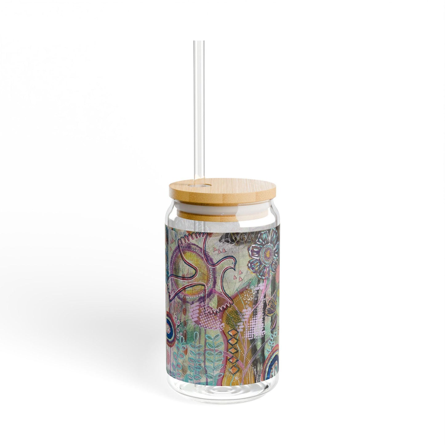 Boho Nature-Inspired Art Sipper Glass, Eco-Friendly Drinkware, 16oz Glass, Handblown Bohemian Drink Cup, Whimsical Floral Design,