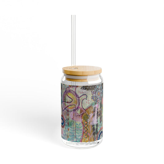 Boho Nature-Inspired Art Sipper Glass, Eco-Friendly Drinkware, 16oz Glass, Handblown Bohemian Drink Cup, Whimsical Floral Design,