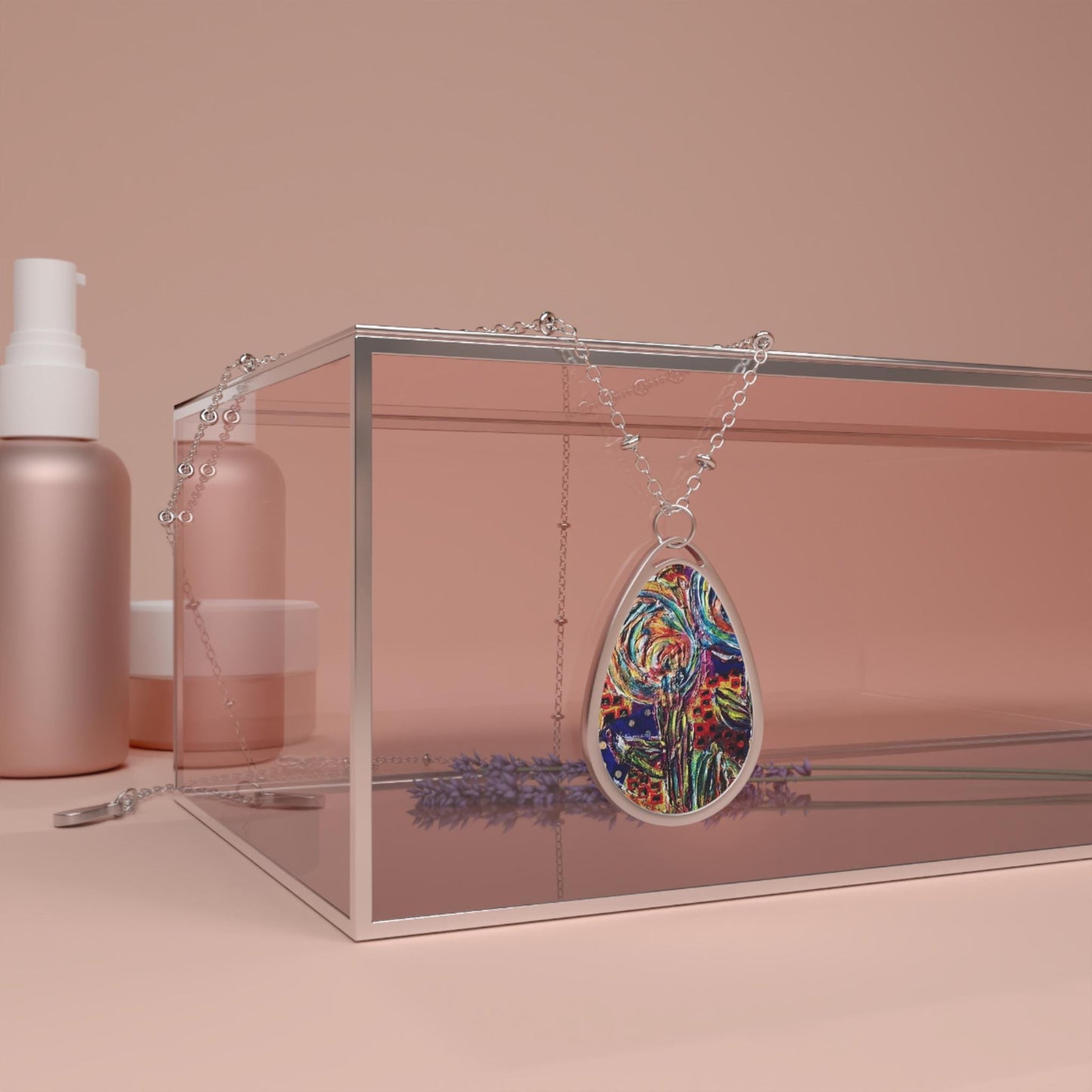 Colorful Abstract Floral Oval Pendant Necklace, Artistic Jewelry Gift, Boho Style, Unique Accessory for Her, Statement Piece