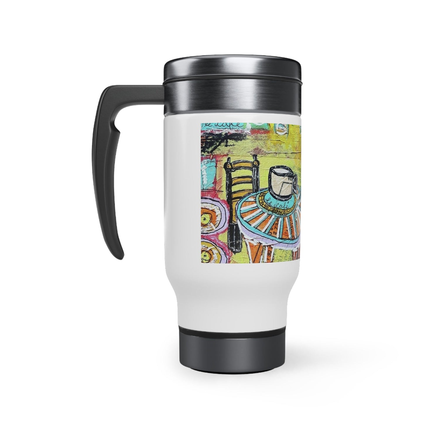 French Cafe Design, France inspired, Coffee House Art - Stainless Steel Travel Mug with Handle, 14oz