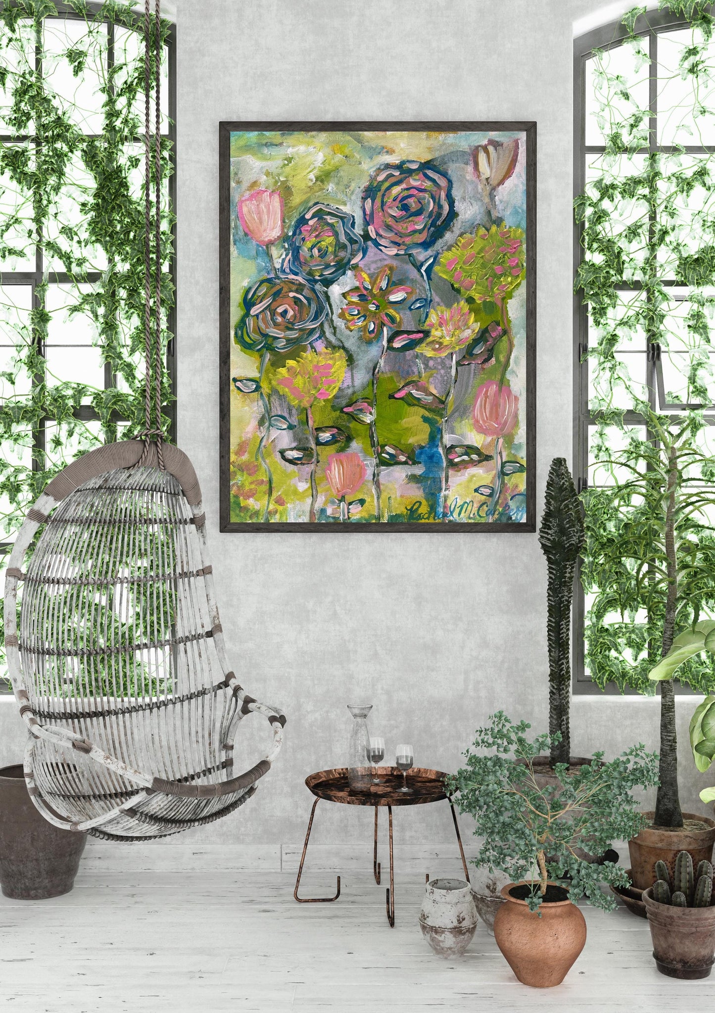 Original Floral Abstract Acrylic Painting on Canvas Panel | 11x14" Hand-Painted Modern Boho Flower Wall Art | Pink & Green Home Decor