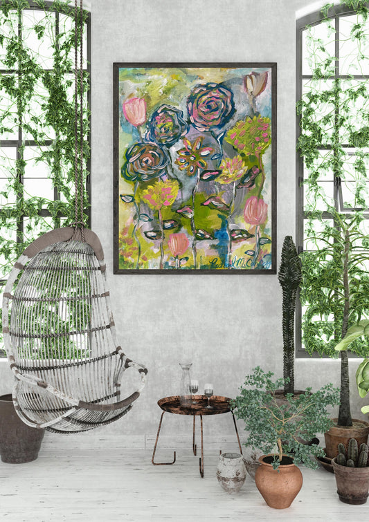 Original Floral Abstract Acrylic Painting on Canvas Panel | 11x14" Hand-Painted Modern Boho Flower Wall Art | Pink & Green Home Decor