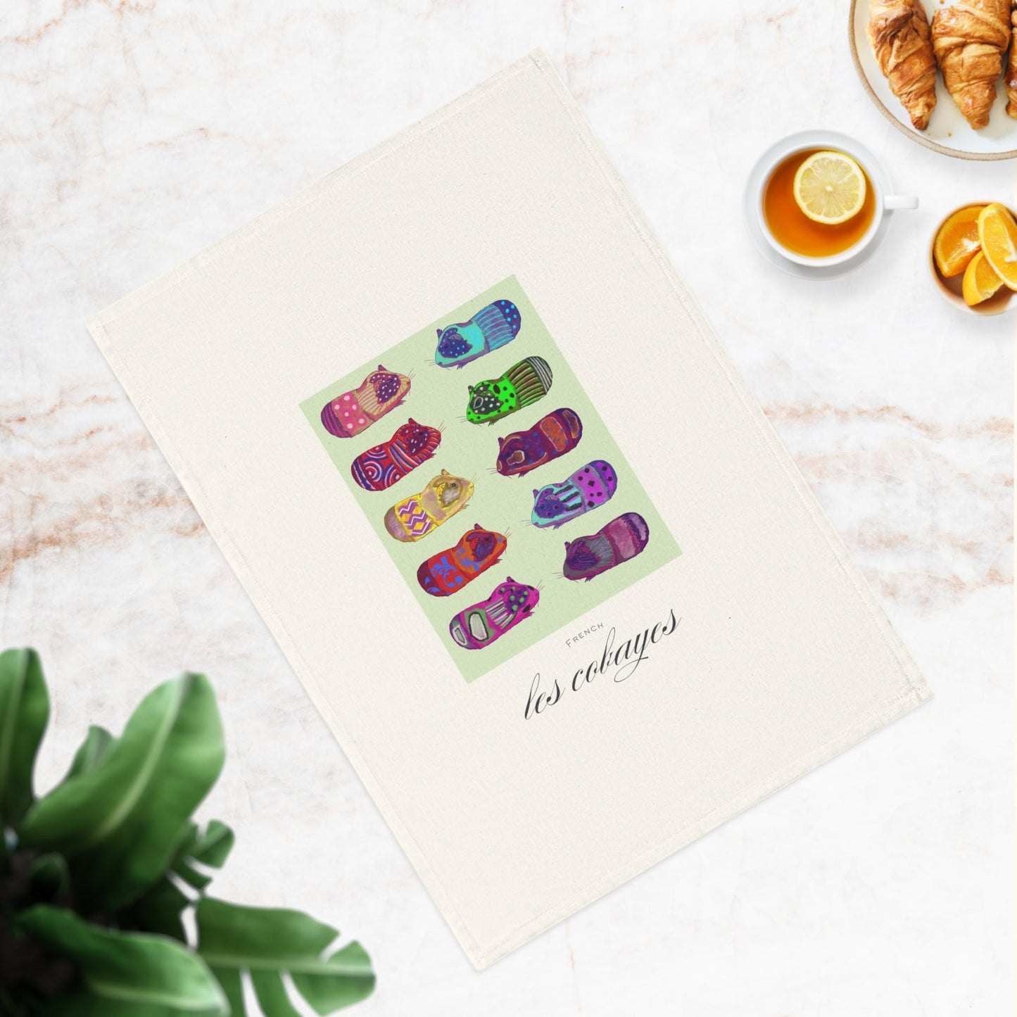 Cotton Tea Towel, Colorful Guinea Pigs, French Les Cobayes, Kitchen Decor, Towel Set, Farmhouse Style, Cute Animal Tea Towel
