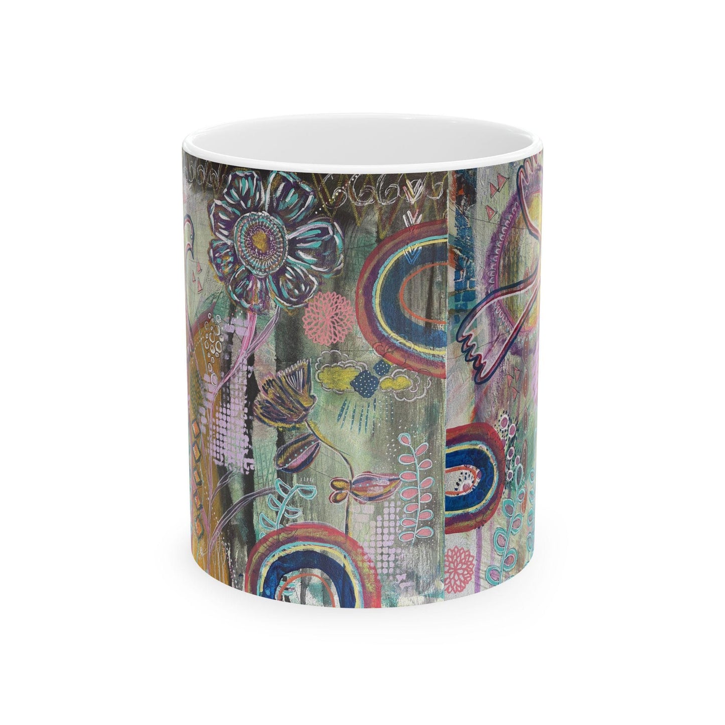 Ceramic Mug, Nature-Inspired Folk Art, Boho Style Coffee Cup, Colorful Art Tea Mug, Artist Rachael Caskey Kitchen Decor, 11oz 15oz Gift Idea