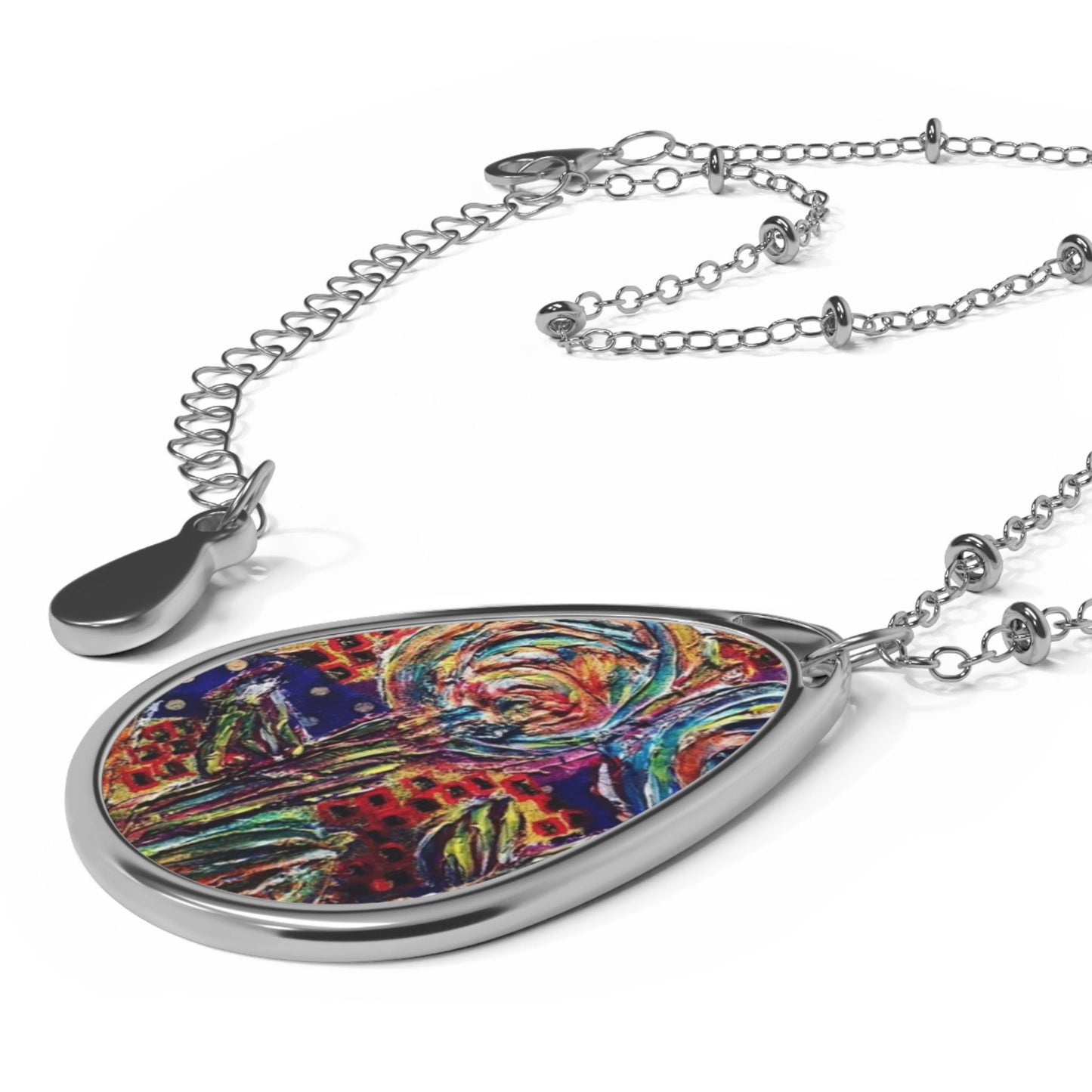 Colorful Abstract Floral Oval Pendant Necklace, Artistic Jewelry Gift, Boho Style, Unique Accessory for Her, Statement Piece