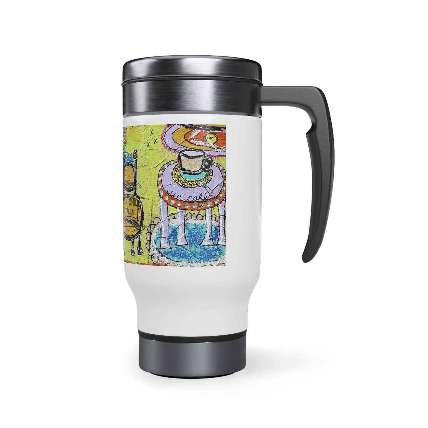 French Cafe Design, France inspired, Coffee House Art - Stainless Steel Travel Mug with Handle, 14oz