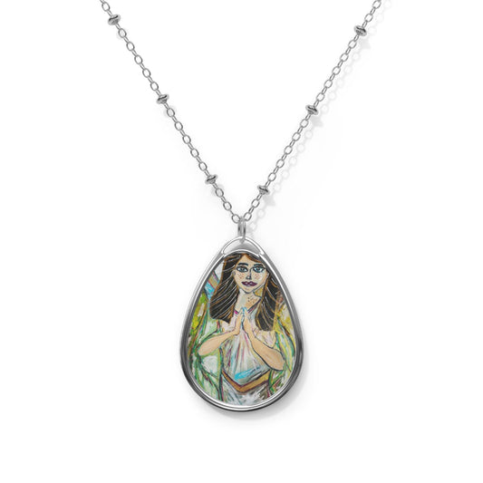 Oval Necklace, Guardian Angel Pendant, Religious Gift Jewelry, Angel Art Pendant Necklace, Faith Jewelry
