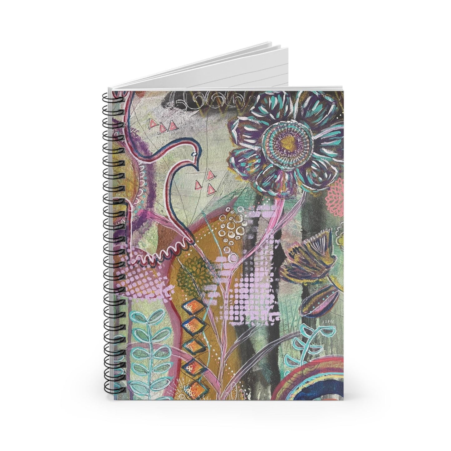 Boho Spiral Notebook - Nature-Inspired Journal by Artist Rachael Caskey, Ruled Line, Uplifting Design with Rainbows, Birds, and Plants