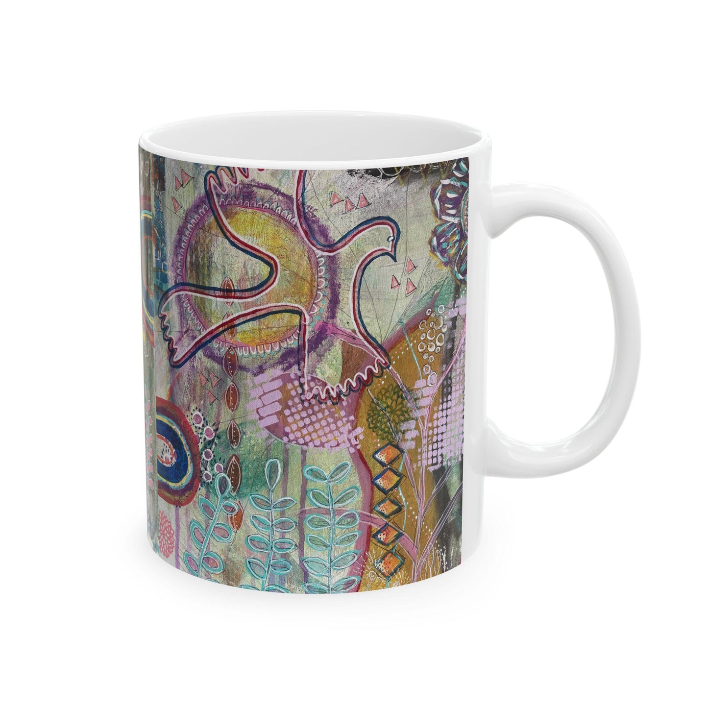 Ceramic Mug, Nature-Inspired Folk Art, Boho Style Coffee Cup, Colorful Art Tea Mug, Artist Rachael Caskey Kitchen Decor, 11oz 15oz Gift Idea