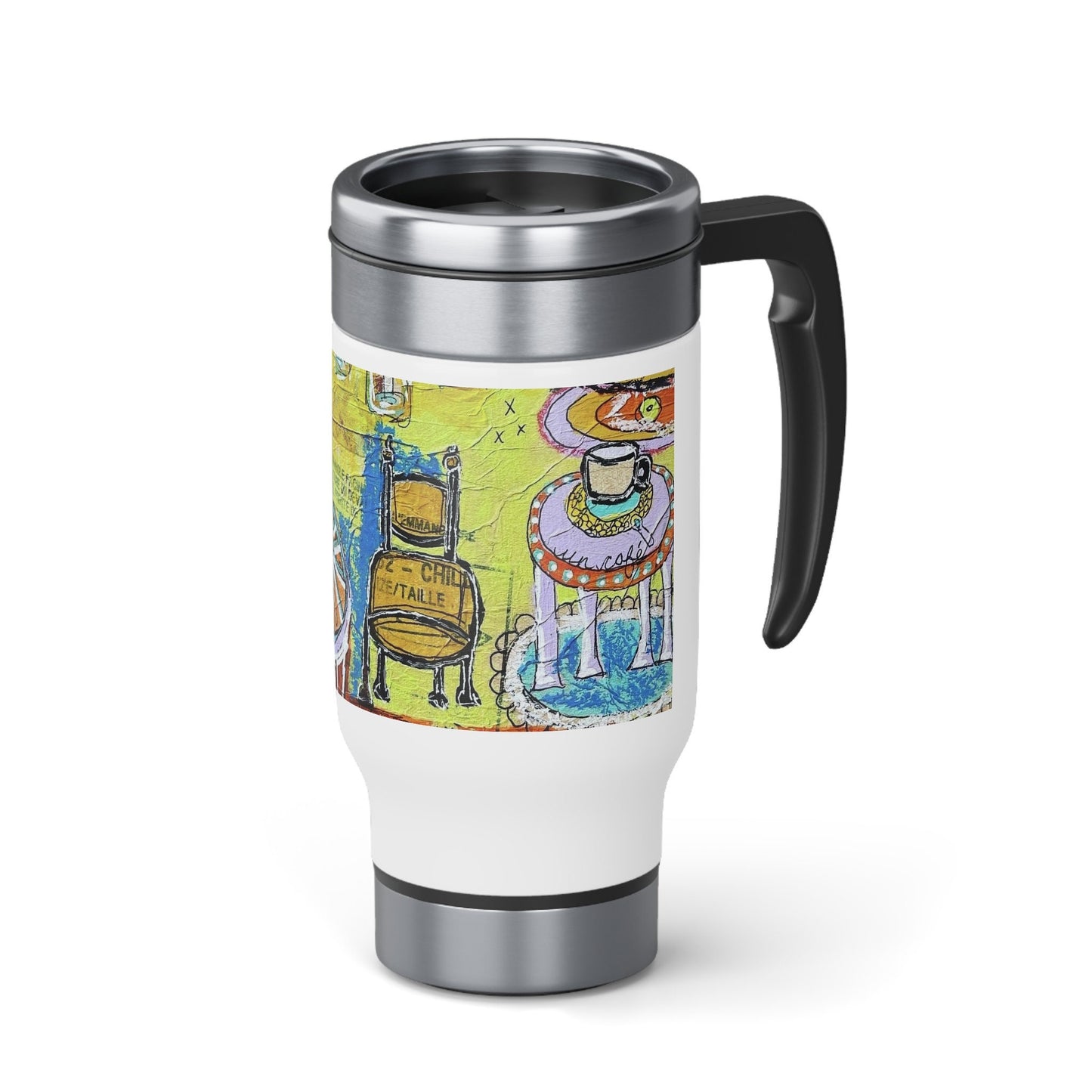 French Cafe Design, France inspired, Coffee House Art - Stainless Steel Travel Mug with Handle, 14oz