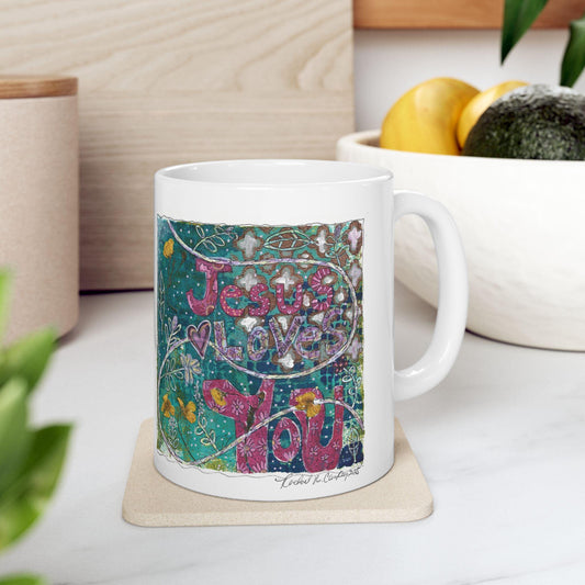 Religious Ceramic Mug, Jesus Love You, Boho Floral Design, Whimsical and Uplifting, 11oz, 15oz, Gift for Christian, Inspirational Tea Cup,
