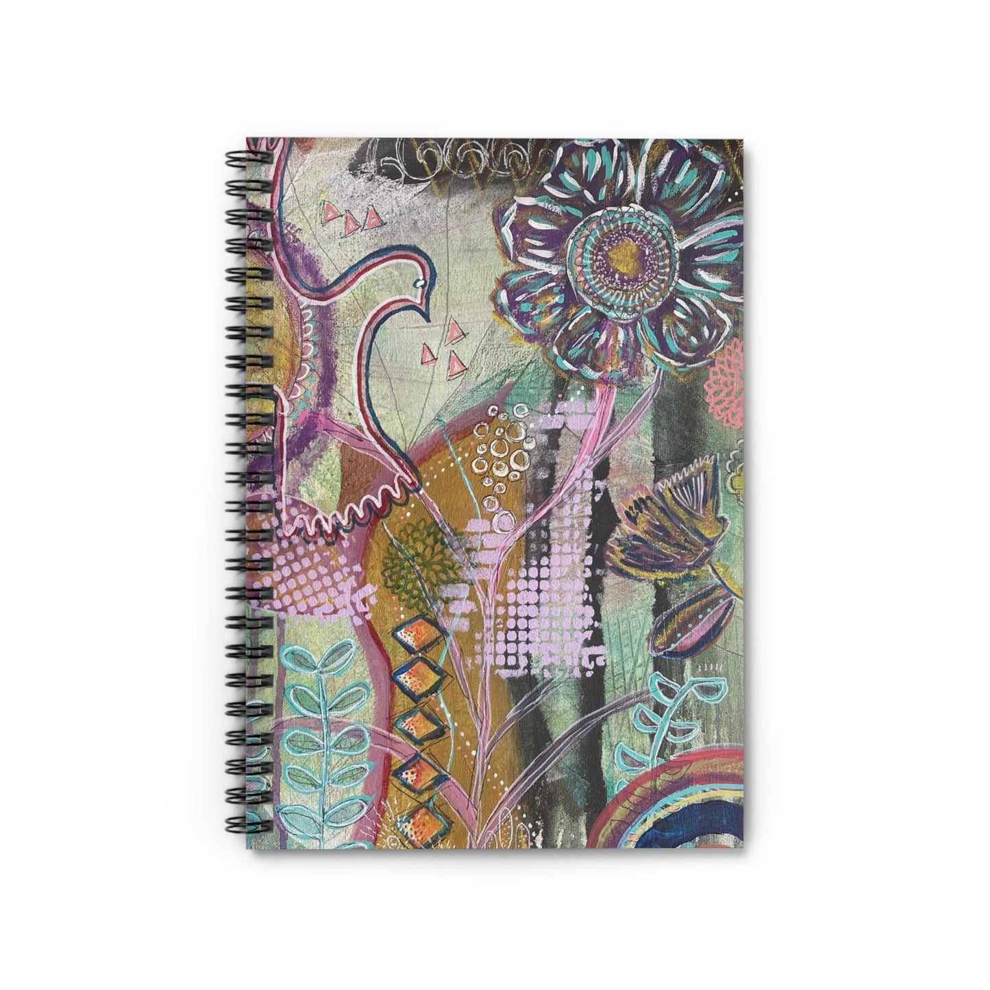 Boho Spiral Notebook - Nature-Inspired Journal by Artist Rachael Caskey, Ruled Line, Uplifting Design with Rainbows, Birds, and Plants