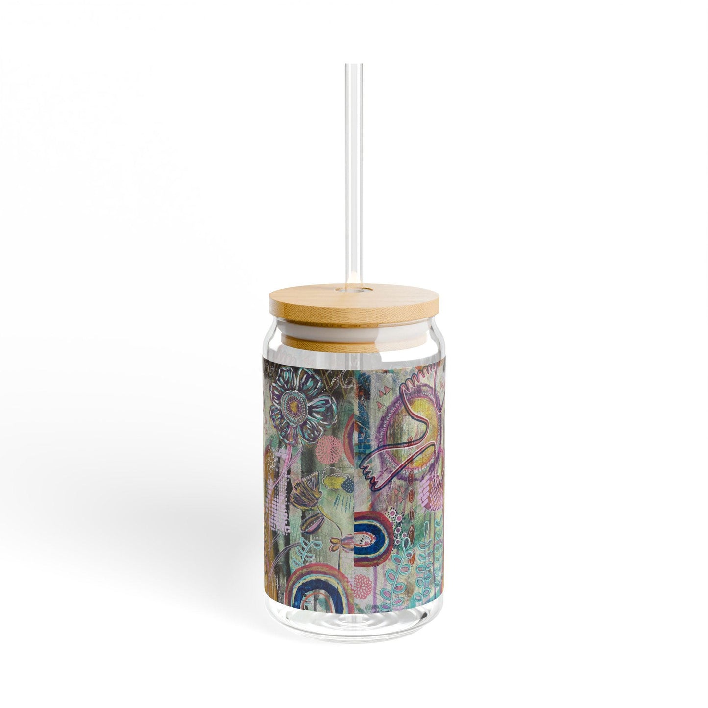 Boho Nature-Inspired Art Sipper Glass, Eco-Friendly Drinkware, 16oz Glass, Handblown Bohemian Drink Cup, Whimsical Floral Design,