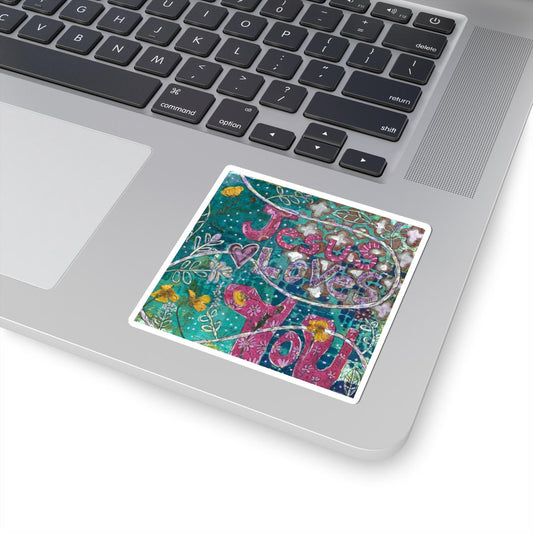Whimsical Jesus Loves You Kiss-Cut Stickers, Inspirational Art by Rachael Caskey, Colorful Florals, Hand-Pressed Buttercups, Faith Sticker