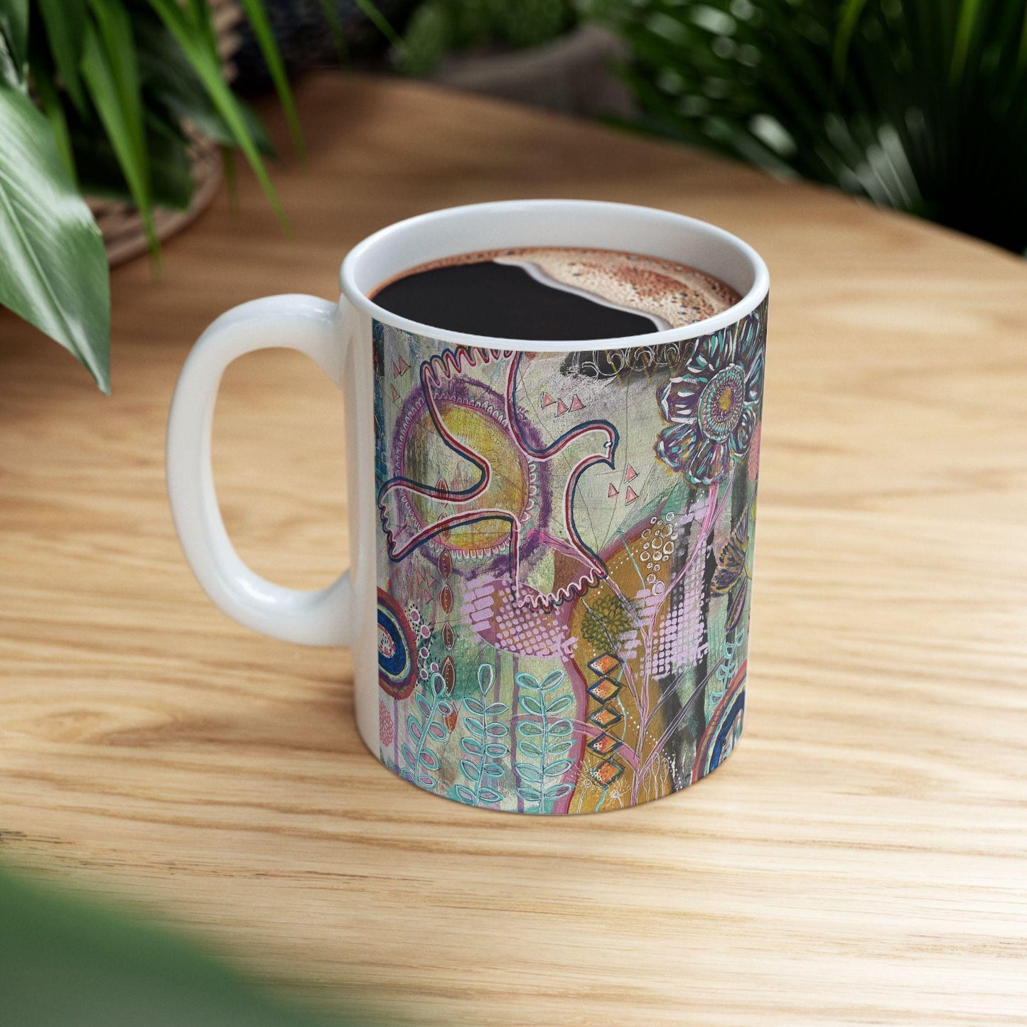 Ceramic Mug, Nature-Inspired Folk Art, Boho Style Coffee Cup, Colorful Art Tea Mug, Artist Rachael Caskey Kitchen Decor, 11oz 15oz Gift Idea