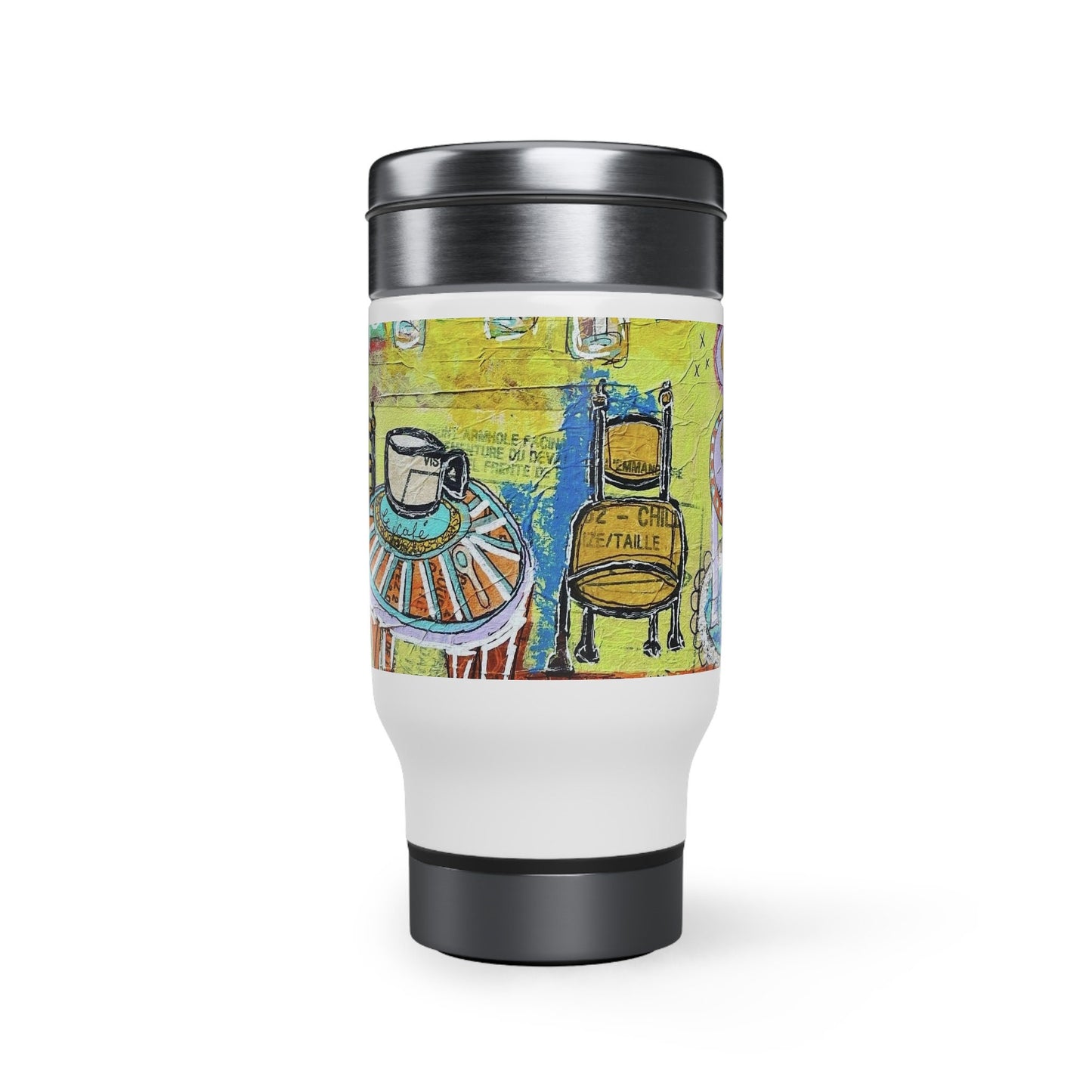 French Cafe Design, France inspired, Coffee House Art - Stainless Steel Travel Mug with Handle, 14oz