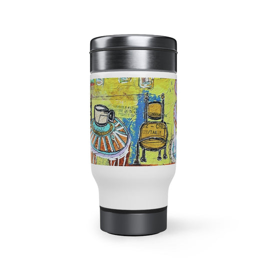 French Cafe Design, France inspired, Coffee House Art - Stainless Steel Travel Mug with Handle, 14oz
