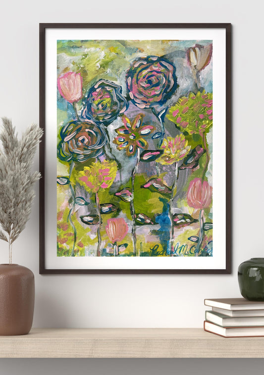 Original Floral Abstract Acrylic Painting on Canvas Panel | 11x14" Hand-Painted Modern Boho Flower Wall Art | Pink & Green Home Decor