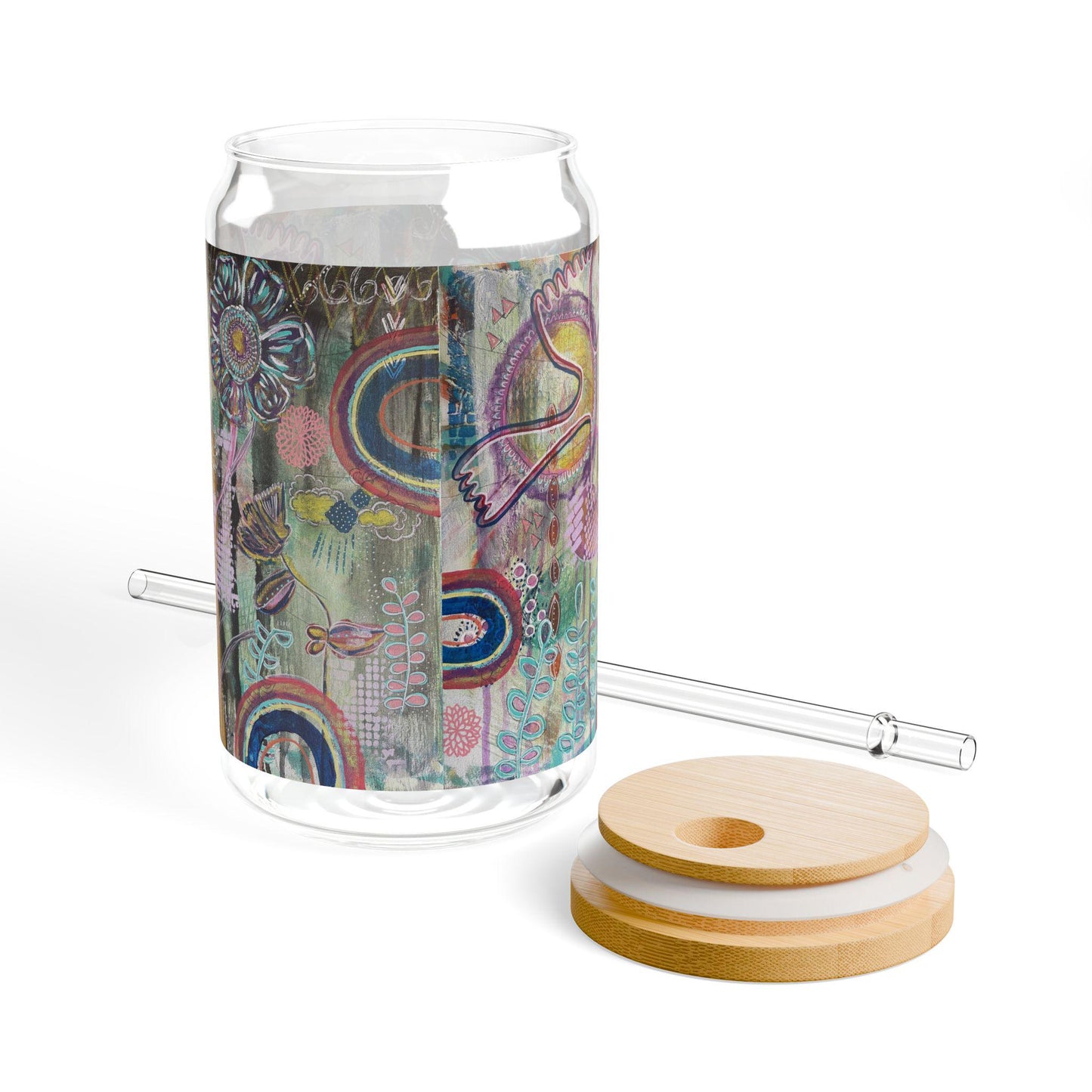 Boho Nature-Inspired Art Sipper Glass, Eco-Friendly Drinkware, 16oz Glass, Handblown Bohemian Drink Cup, Whimsical Floral Design,