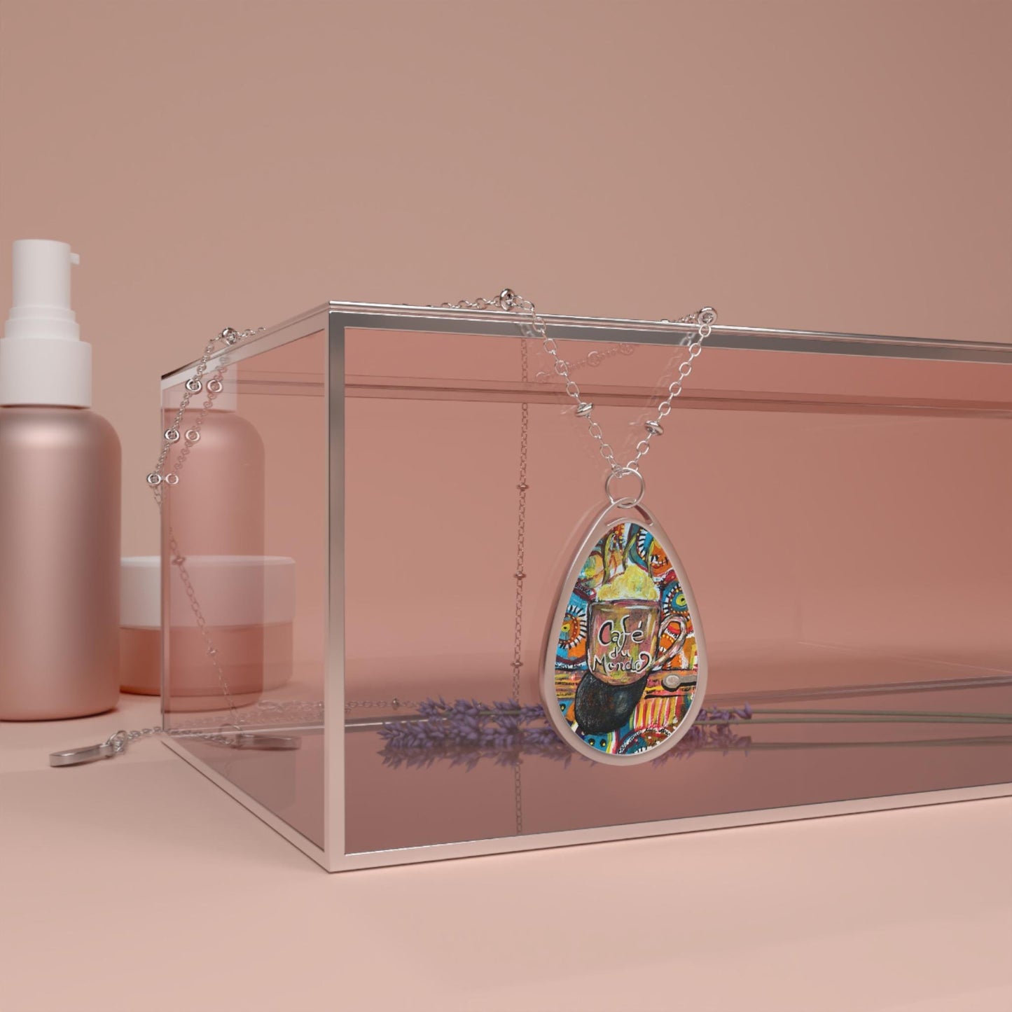 Artistic Coffee Oval Necklace, Unique Pendant Necklace, Coffee Lover Jewelry, Gift for Her, Boho Style Necklace