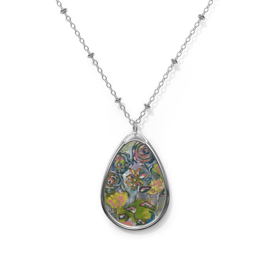 Floral art Necklace Pendant, Cottagecore Artisan Jewelry, Nature Inspired Boho Chic Gift for Her, Oval Necklace