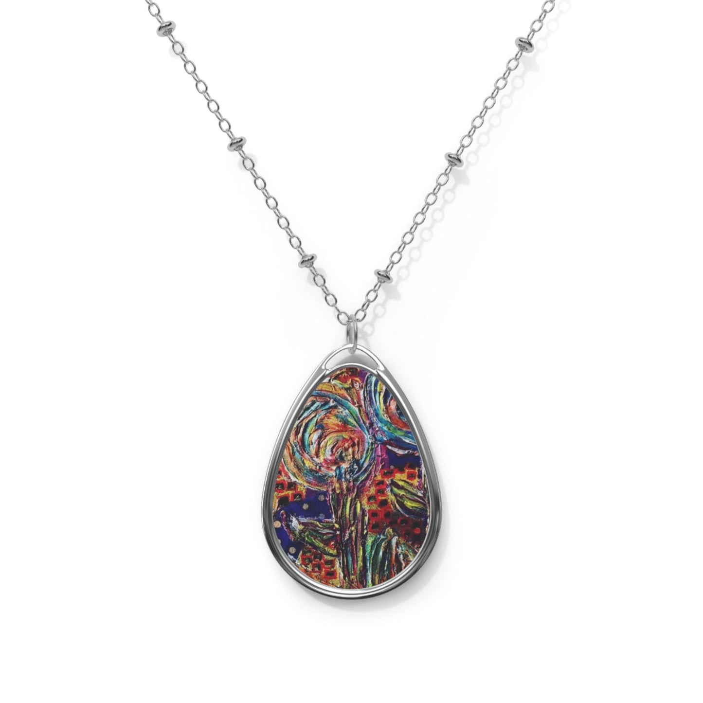 Colorful Abstract Floral Oval Pendant Necklace, Artistic Jewelry Gift, Boho Style, Unique Accessory for Her, Statement Piece
