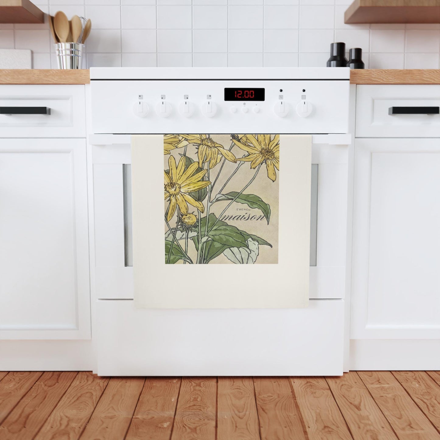 French Maison Cotton Tea Towel - Simple Flower Design Kitchen Towel, Dish Towel, Home Decor, Housewarming Gift, Hostess Gift