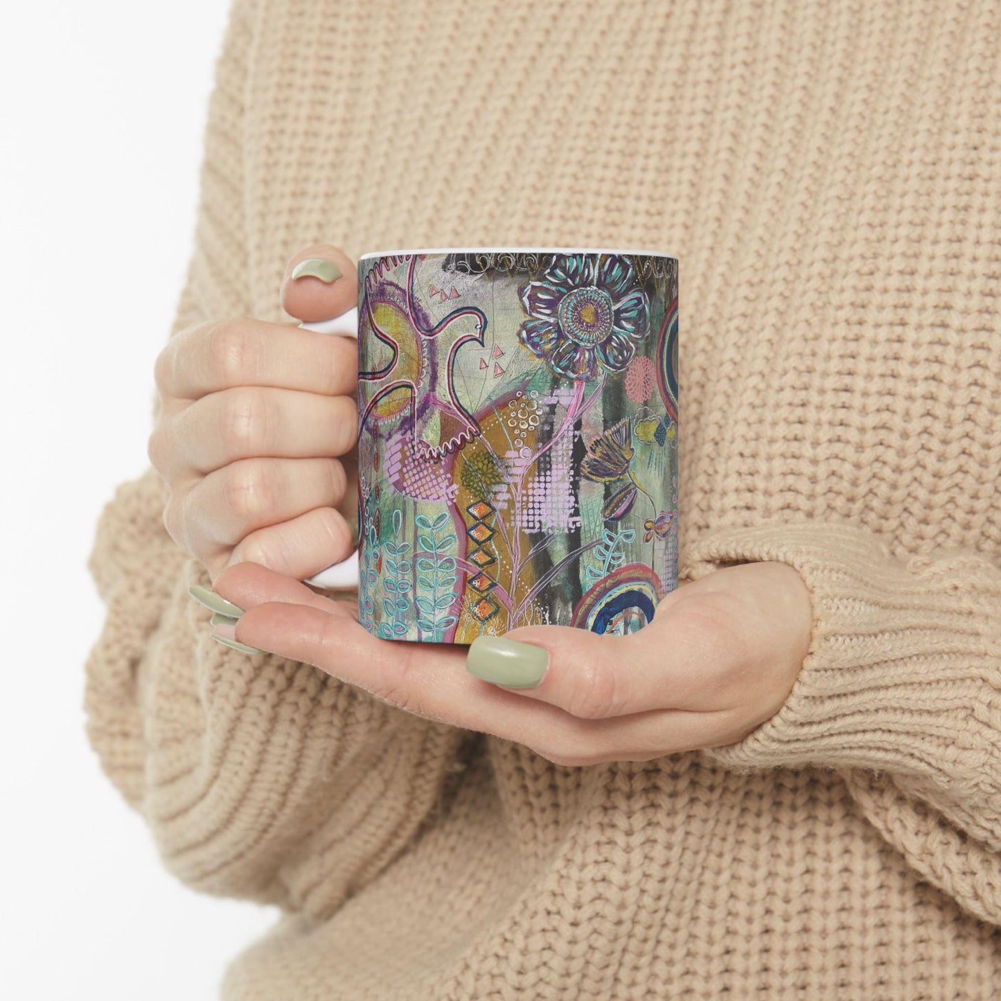 Ceramic Mug, Nature-Inspired Folk Art, Boho Style Coffee Cup, Colorful Art Tea Mug, Artist Rachael Caskey Kitchen Decor, 11oz 15oz Gift Idea
