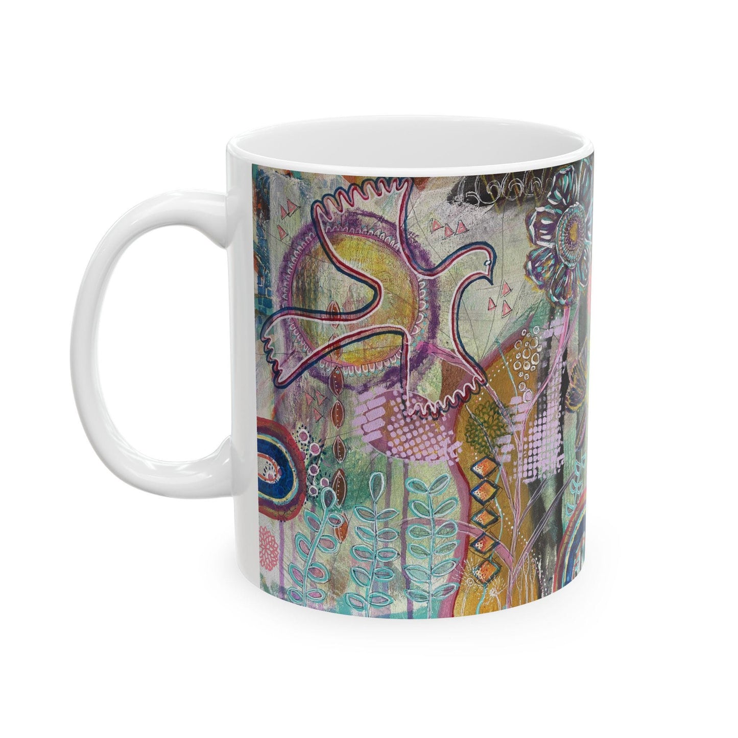 Ceramic Mug, Nature-Inspired Folk Art, Boho Style Coffee Cup, Colorful Art Tea Mug, Artist Rachael Caskey Kitchen Decor, 11oz 15oz Gift Idea