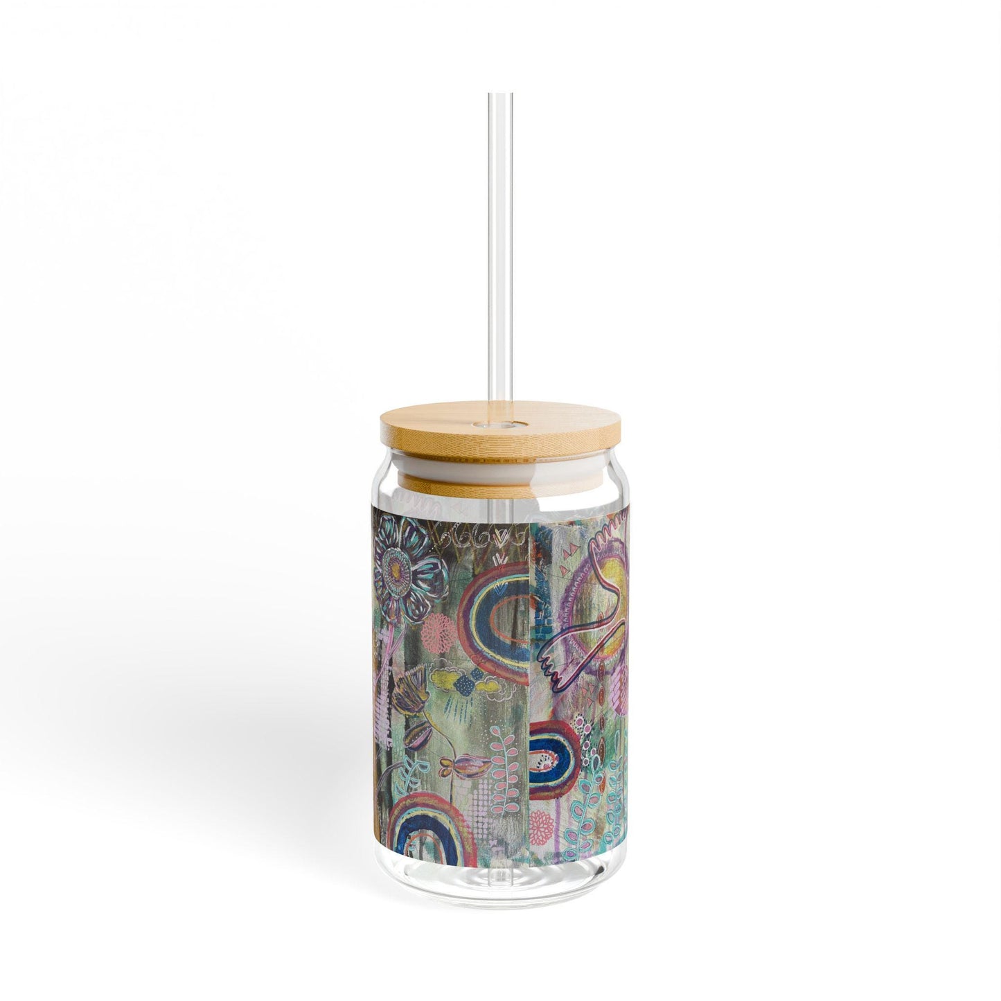 Boho Nature-Inspired Art Sipper Glass, Eco-Friendly Drinkware, 16oz Glass, Handblown Bohemian Drink Cup, Whimsical Floral Design,