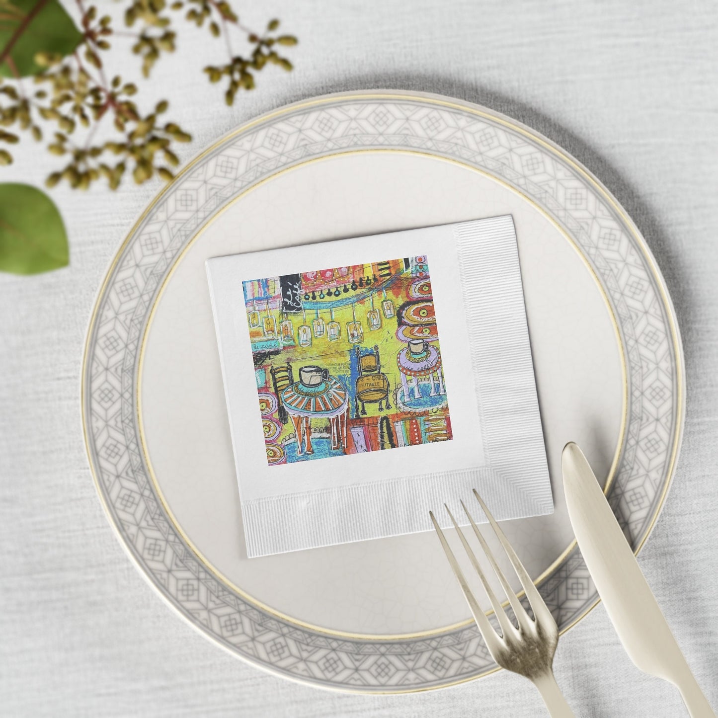 French Cafe Style, French Cafe Design, Coffee House Art - White Coined Napkins