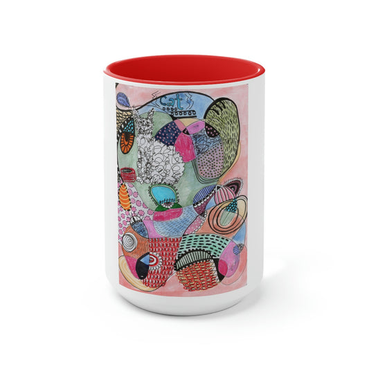 Two-Tone Coffee Mugs, 15oz - Cat - Mixed Media Illustration